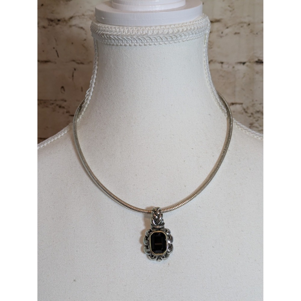 Silver Tone Pendant Necklace Snake Chain Black Cabochon Slider 14" Boho Vintage